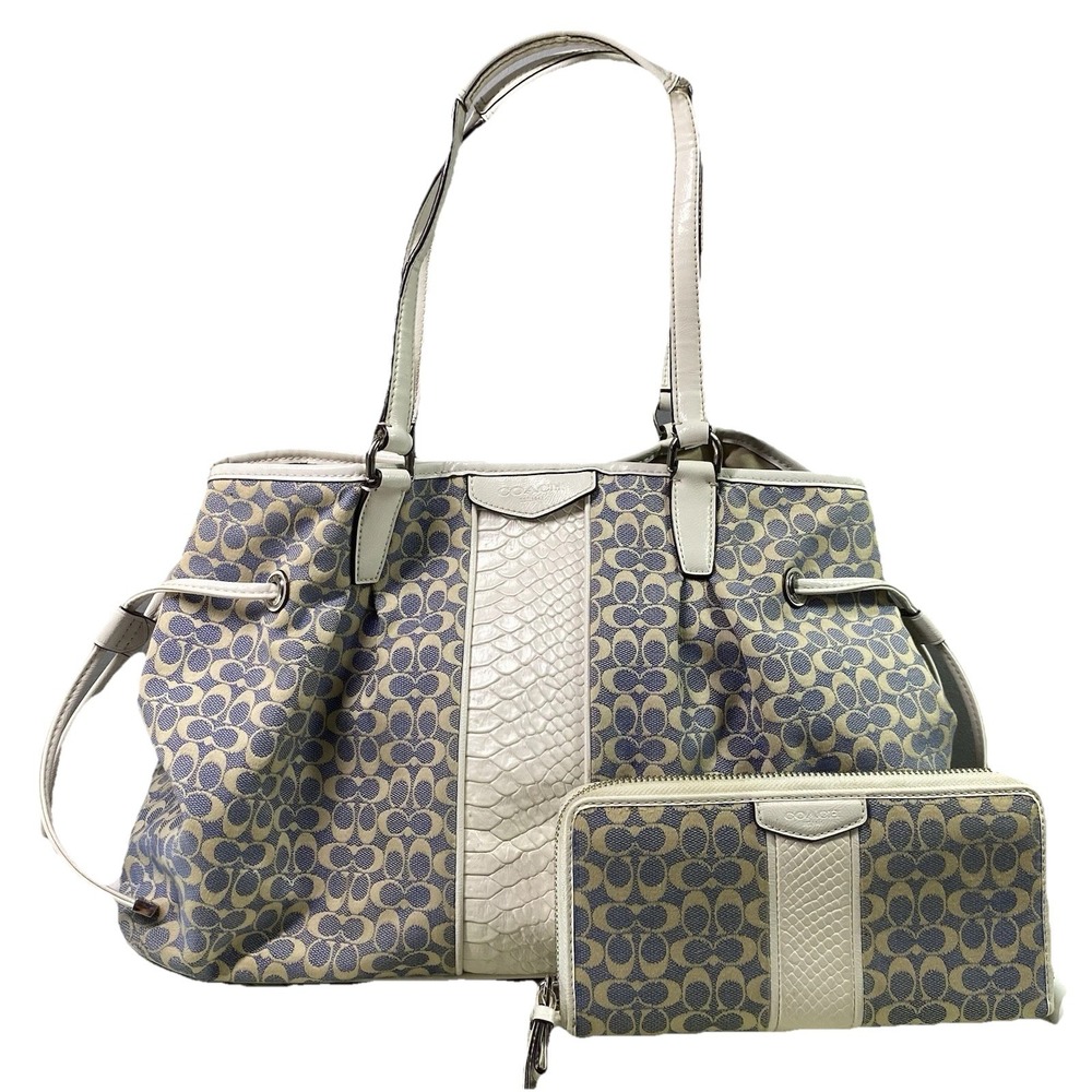 COACH SIGNATURE Jacquard Drawstring Purse matching Wallet Blue&Cream See Straps